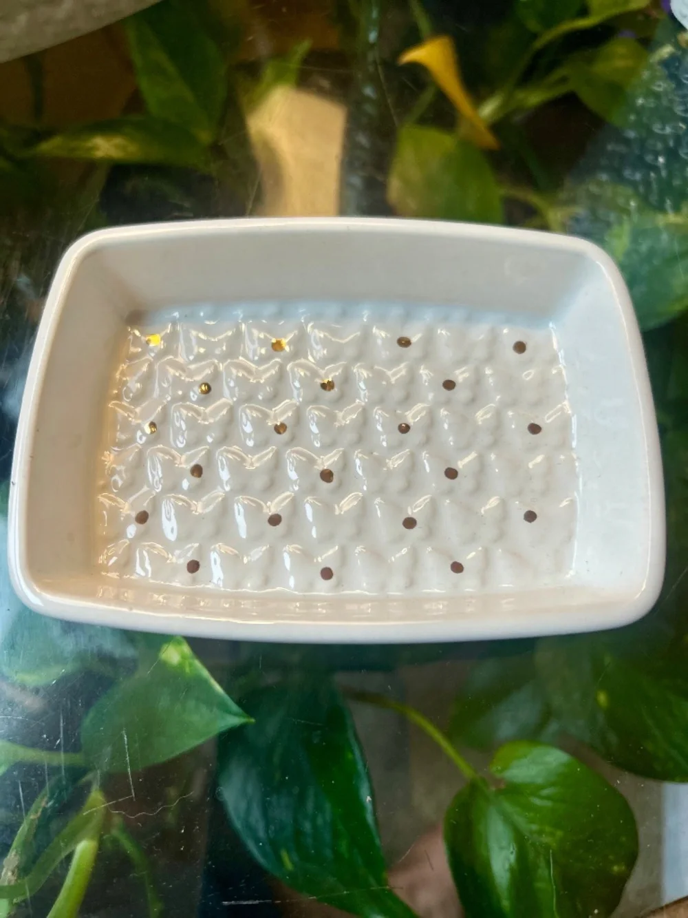 NEW White Textured Ceramic 4-Piece Bathroom Accessory Set with Gold Dot Accents
